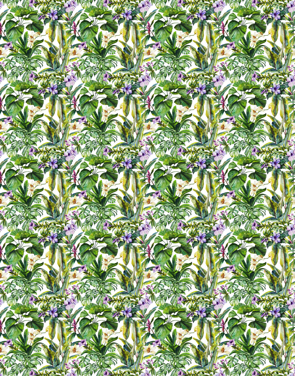 Repeating botanical pattern on Italian silk satin with lilac flowers, pale orchids and green tropical leaves on an ivory background.