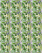 Repeating botanical pattern on Italian silk satin with lilac flowers, pale orchids and green tropical leaves on an ivory background.