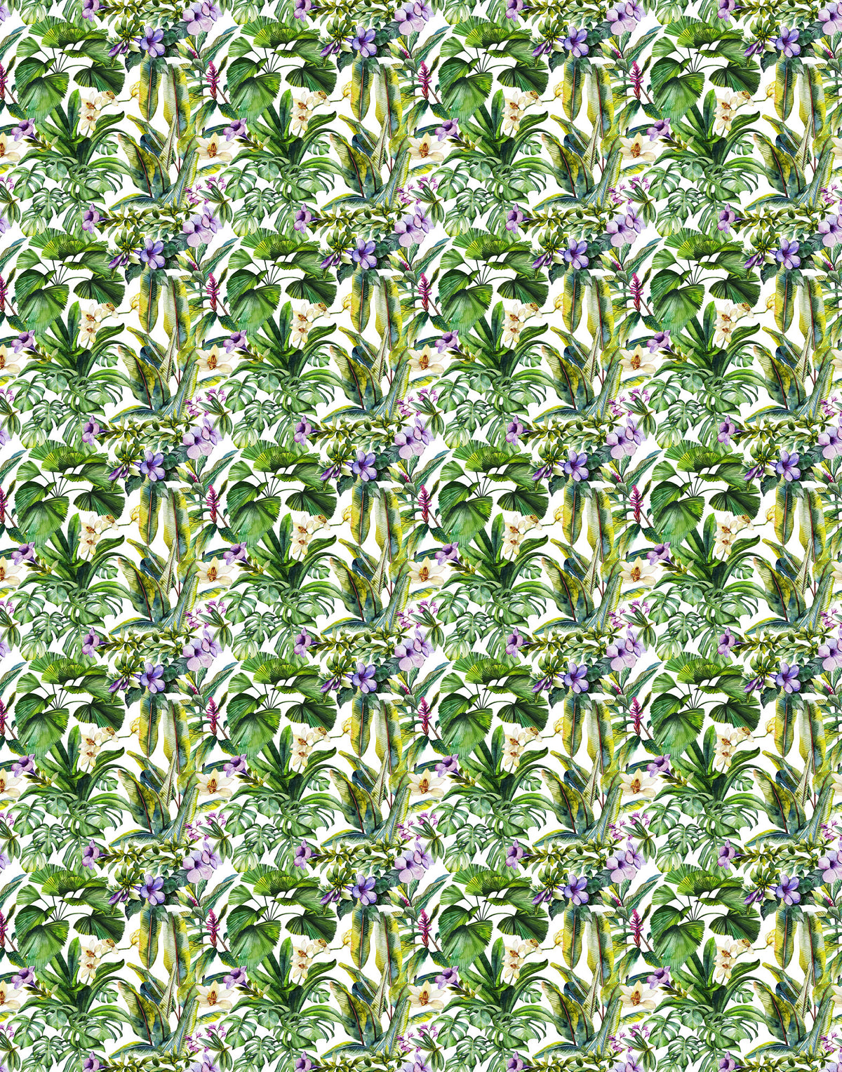 Repeating botanical pattern on Italian silk satin with lilac flowers, pale orchids and green tropical leaves on an ivory background.