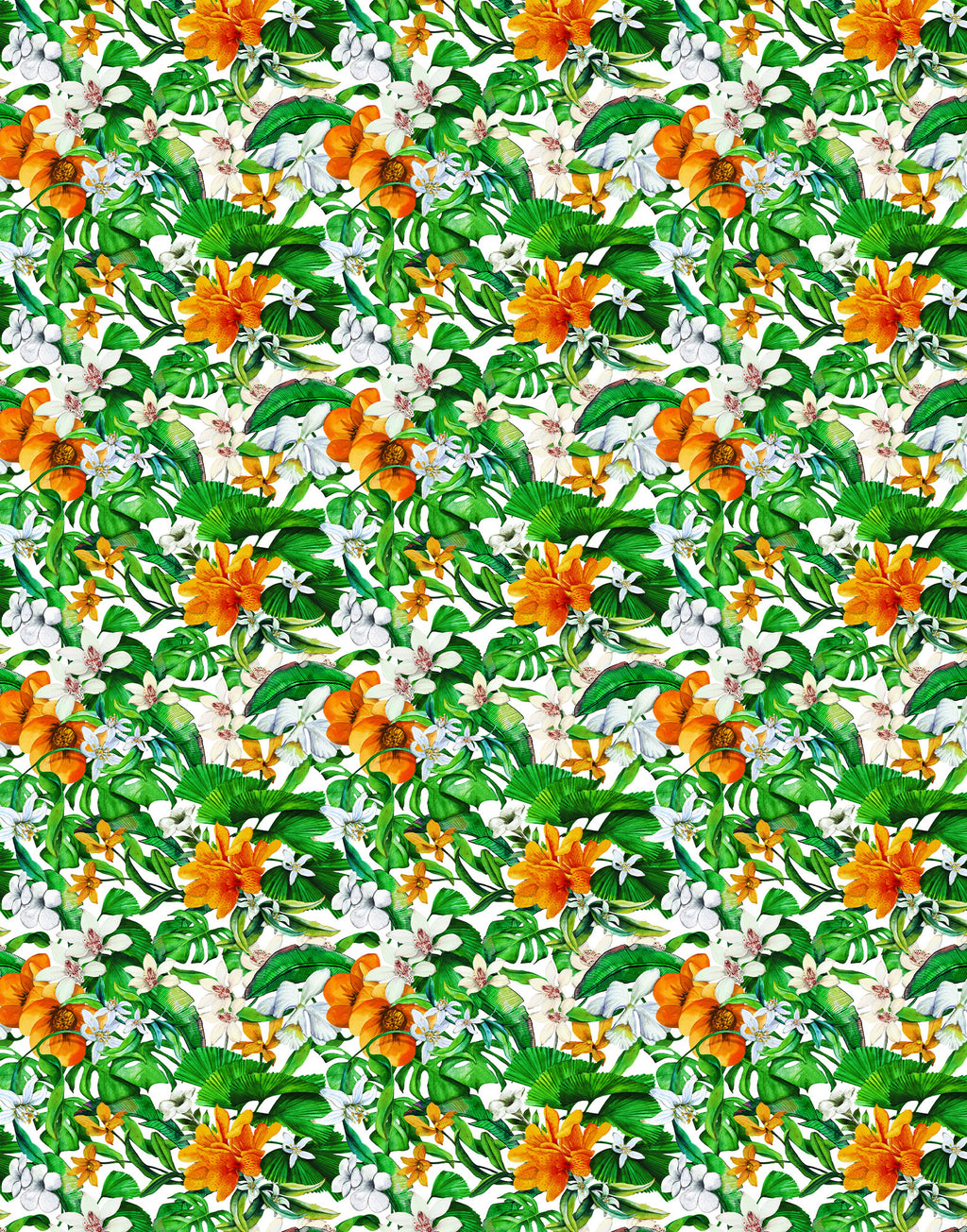 Repeating pattern of orange tropical flowers, white orchids and green leaves on ivory Italian silk satin.