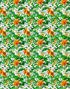 Repeating pattern of orange tropical flowers, white orchids and green leaves on ivory Italian silk satin.