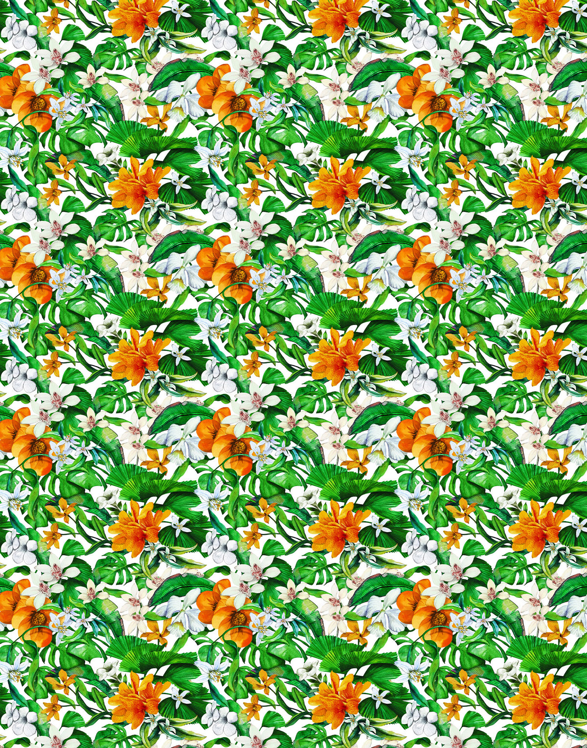 Repeating pattern of orange tropical flowers, white orchids and green leaves on ivory Italian silk satin.