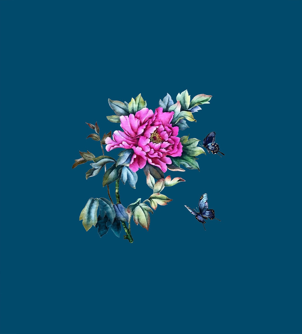 Italian Mulberry silk satin panel with a large pink peony, shaded leaves and two blue butterflies on a deep turquoise-blue background.