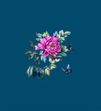 Italian Mulberry silk satin panel with a large pink peony, shaded leaves and two blue butterflies on a deep turquoise-blue background.