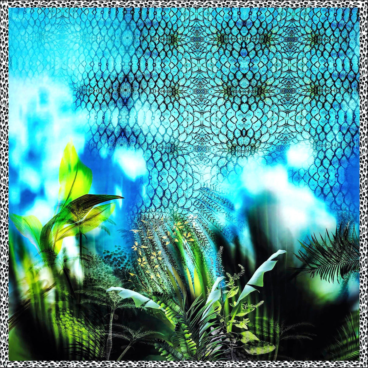 Italian printed silk satin panel with turquoise and blue tones, green tropical foliage, an intricate black pattern and an animal print border.