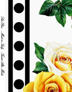 Yellow and ivory roses beside a black polka-dot border on Italian silk satin.