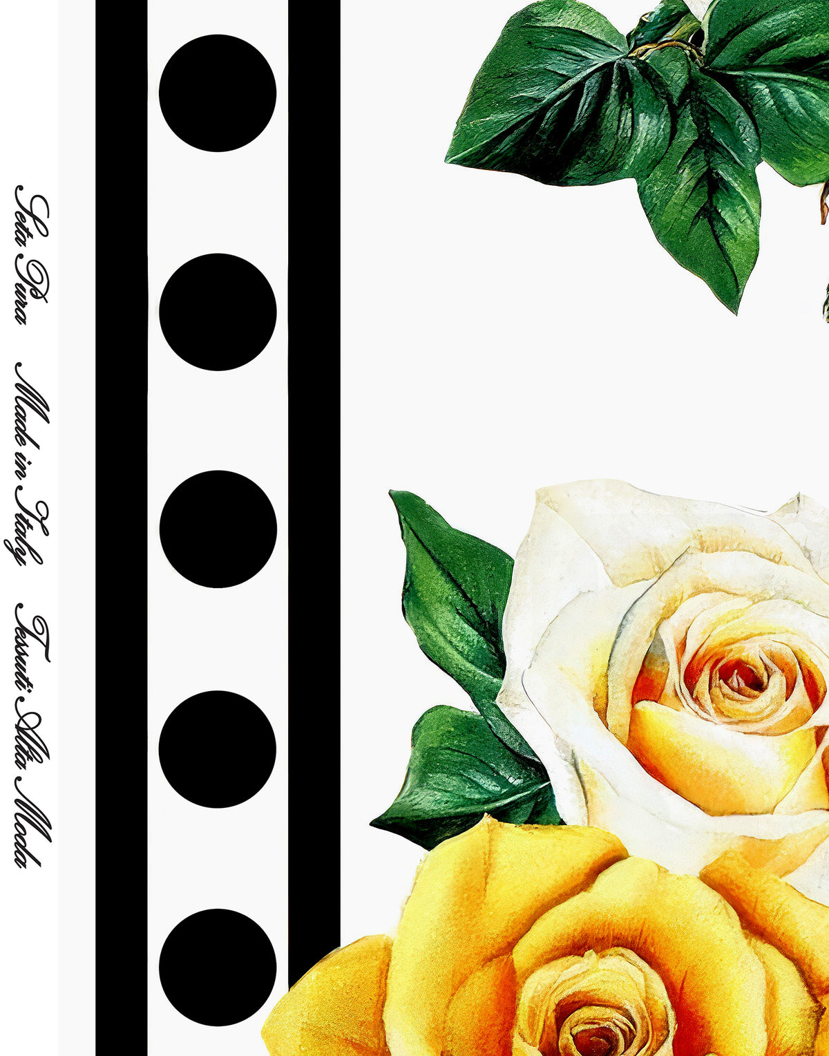 Yellow and ivory roses beside a black polka-dot border on Italian silk satin.