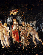 Luxury silk satin fabric panel displaying Botticelli’s Primavera with mythological figures in a flowering Renaissance garden