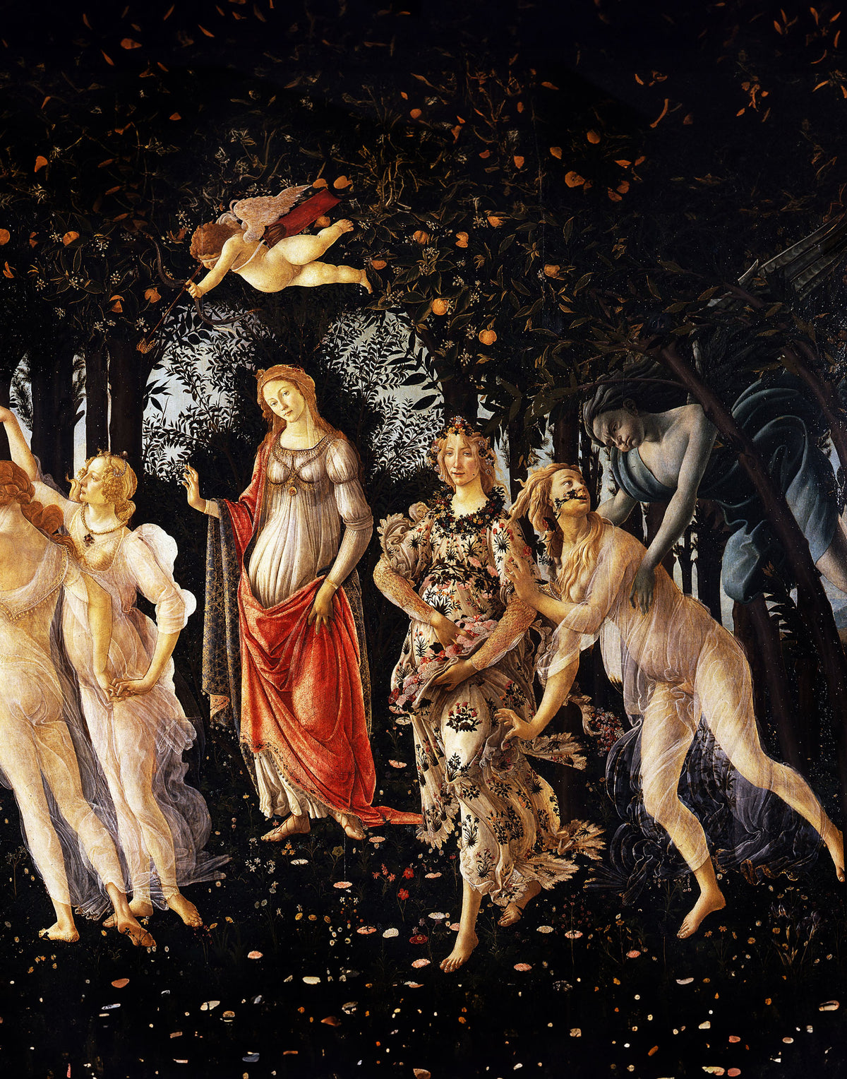 Luxury silk satin fabric panel displaying Botticelli’s Primavera with mythological figures in a flowering Renaissance garden