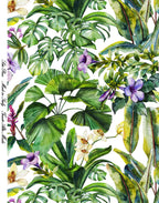 Italian silk satin showing lilac blossoms, pale orchids and green leaves across the arranged fabric.