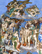 Italian silk satin fabric featuring Michelangelo's Last Judgment Renaissance artwork
