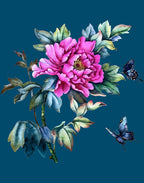 Large pink peony with shaded leaves and two blue butterflies printed on a turquoise-blue silk satin panel.