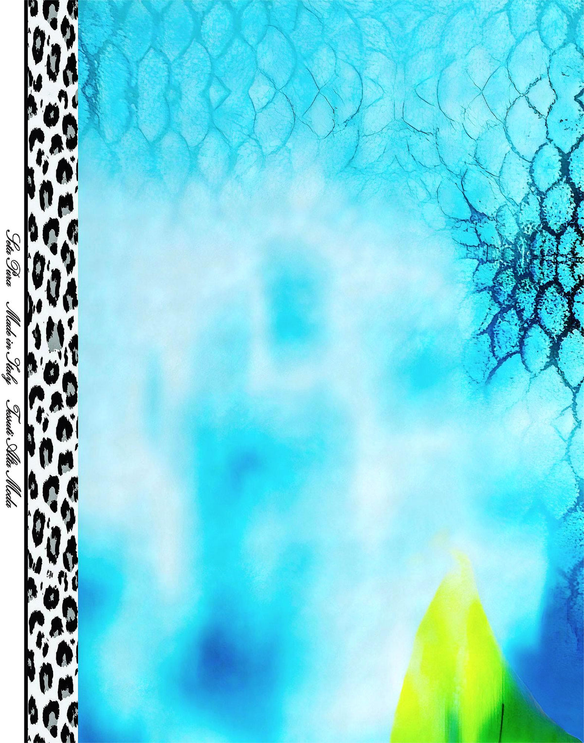 Printed silk satin made in Italy, showing a turquoise section with dark markings and a black-and-white animal print border.