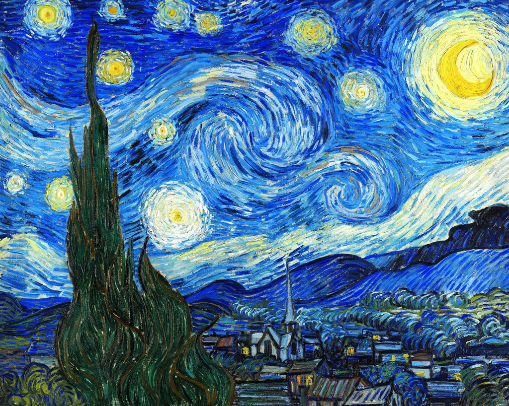 Italian natural silk satin featuring the rich blue brushwork of Vincent van Gogh’s The Starry Night