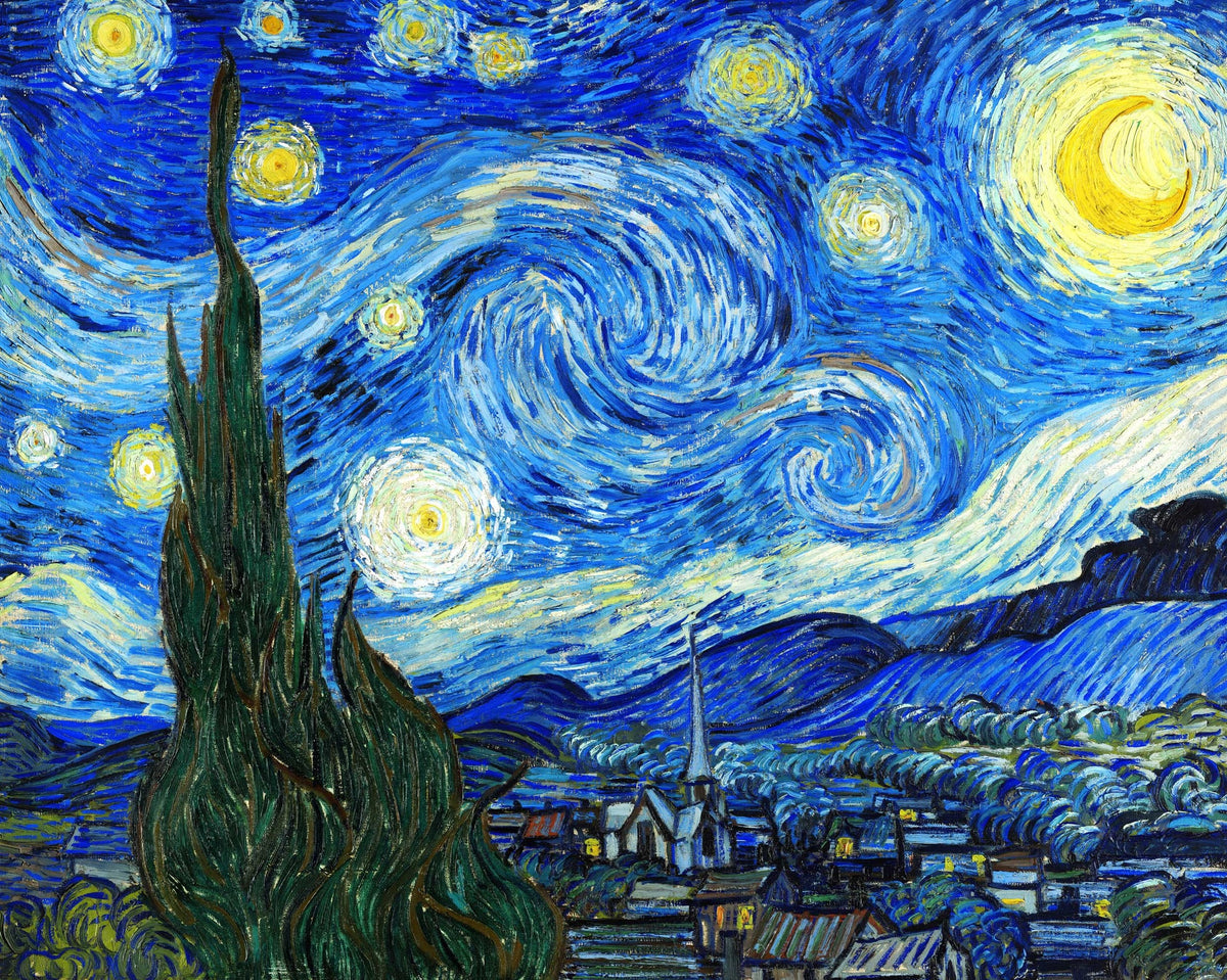 Italian natural silk satin featuring the rich blue brushwork of Vincent van Gogh’s The Starry Night