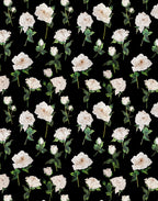 Italian Mulberry silk satin with elegant ivory roses and green leaves arranged on a deep black background