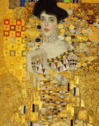 Italian silk satin art fabric inspired by Gustav Klimt Woman in Gold with rich golden and green motifs