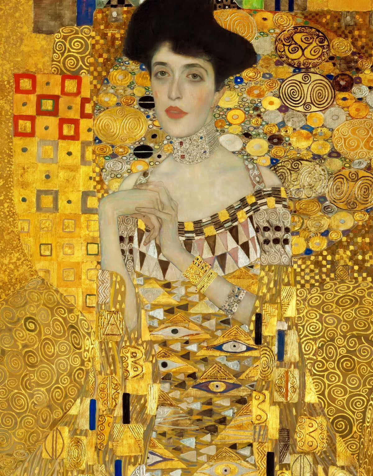 Italian silk satin art fabric inspired by Gustav Klimt Woman in Gold with rich golden and green motifs