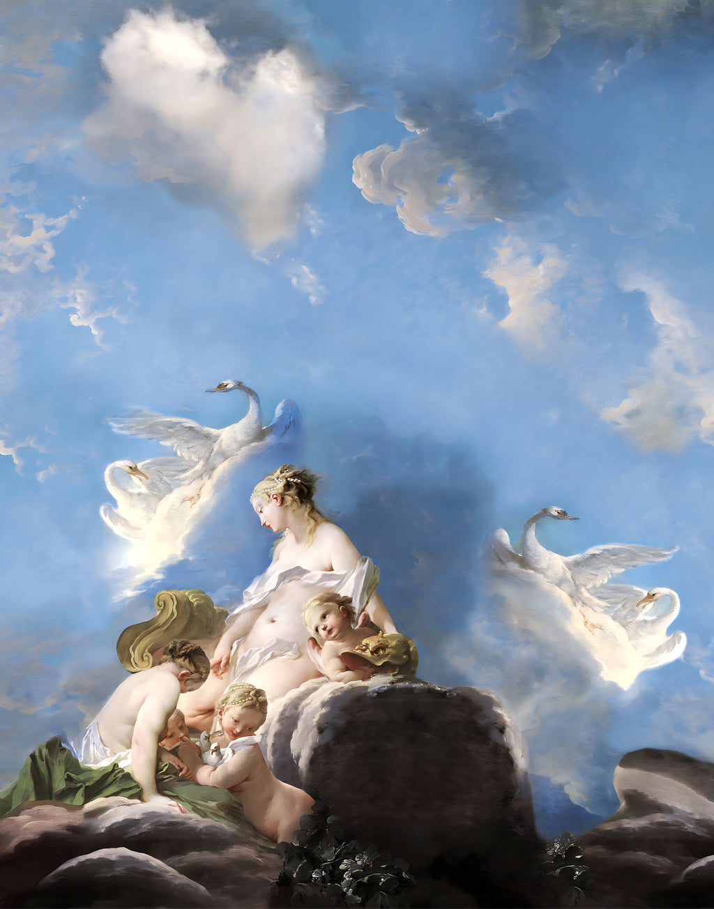 Mulberry silk satin fabric panel featuring Leda, white swans and cherubic figures beneath a luminous blue sky