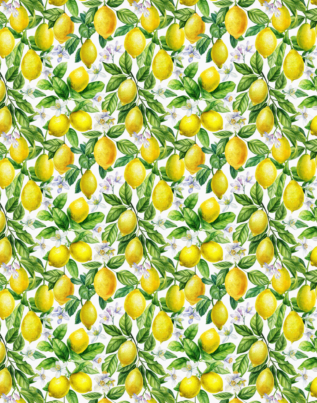 Yellow lemons, green leaves and pale citrus blossoms printed on white silk satin fabric.