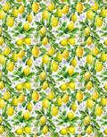 Yellow lemons, green leaves and pale citrus blossoms printed on white silk satin fabric.