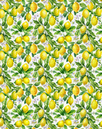 Yellow lemons, green leaves and pale citrus blossoms printed on white silk satin fabric.
