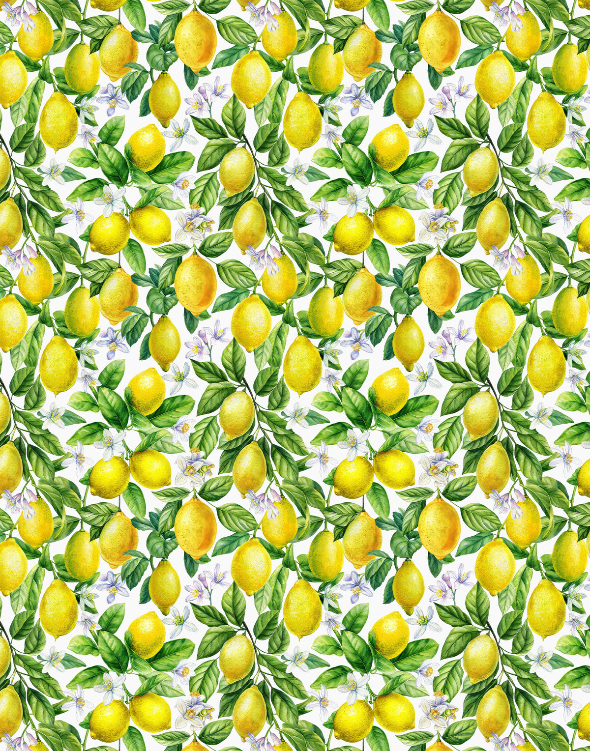 Yellow lemons, green leaves and pale citrus blossoms printed on white silk satin fabric.