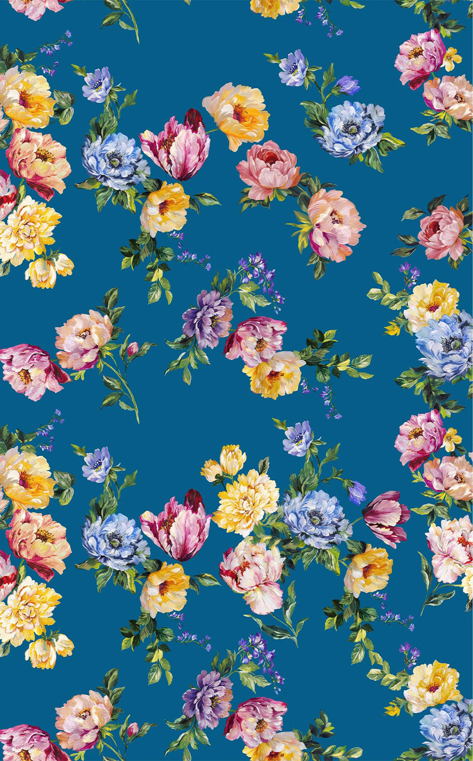 Turquoise blue Mulberry silk satin covered with scattered painterly flowers in pink, yellow, violet and powder blue.