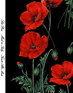 Black Italian Mulberry silk satin arranged in soft folds with large red poppies and rich green foliage