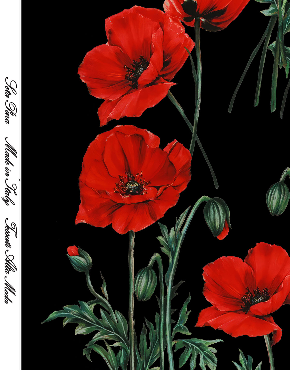 Black Italian Mulberry silk satin arranged in soft folds with large red poppies and rich green foliage