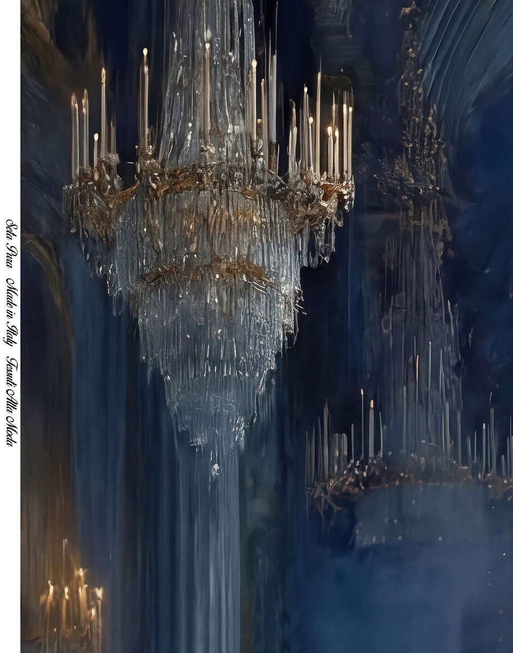 Luxury Italian silk fabric featuring an ornate crystal chandelier print against a deep midnight blue background