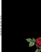 Fluid Italian silk satin fabric with vivid red roses and green foliage on a deep black background