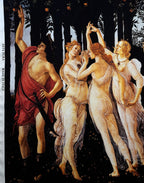 Flowing natural silk satin with Botticelli’s Primavera print in black, ivory, warm gold and deep red tones