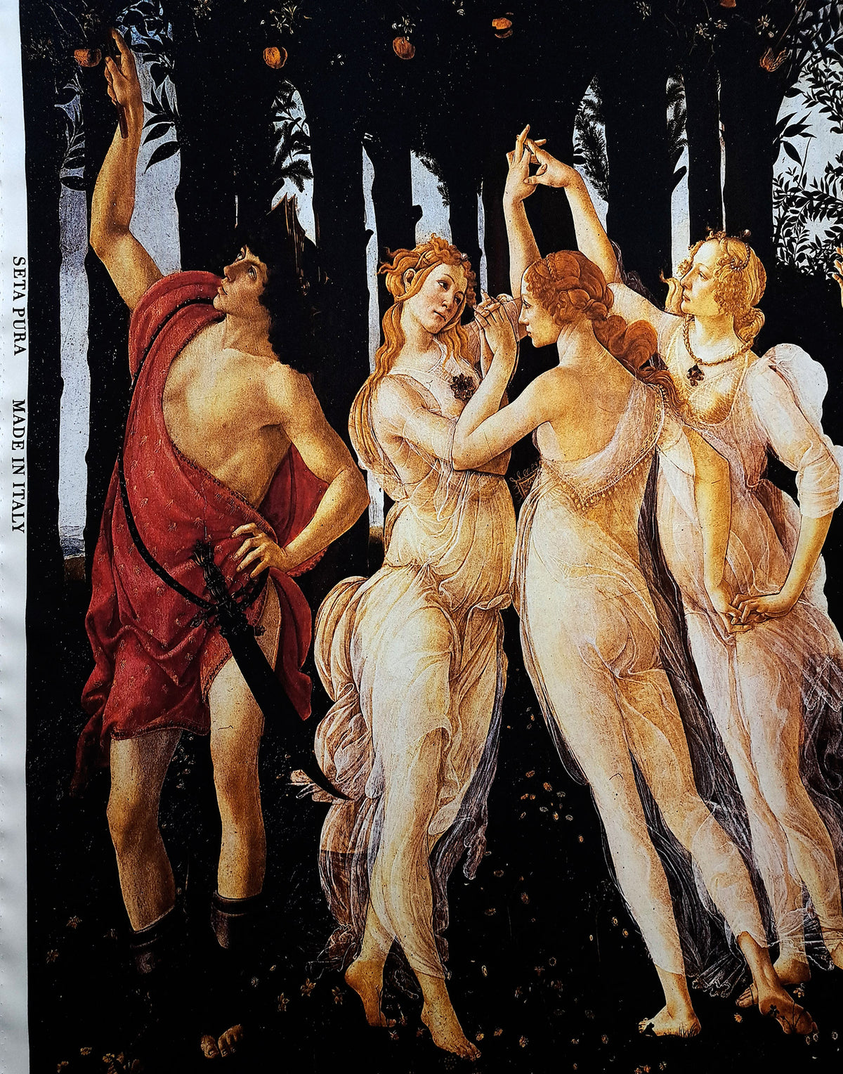 Flowing natural silk satin with Botticelli’s Primavera print in black, ivory, warm gold and deep red tones