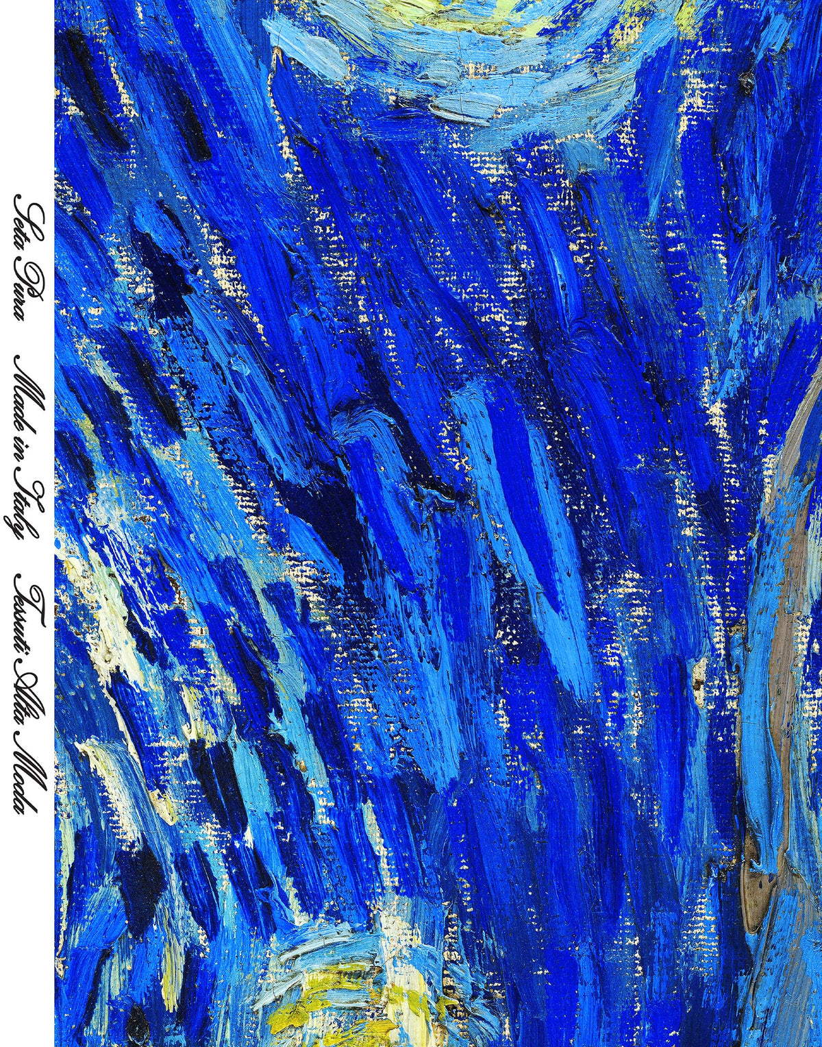 Luxury natural silk satin with a luminous finish and Van Gogh’s Starry Night artwork in vivid blue and yellow