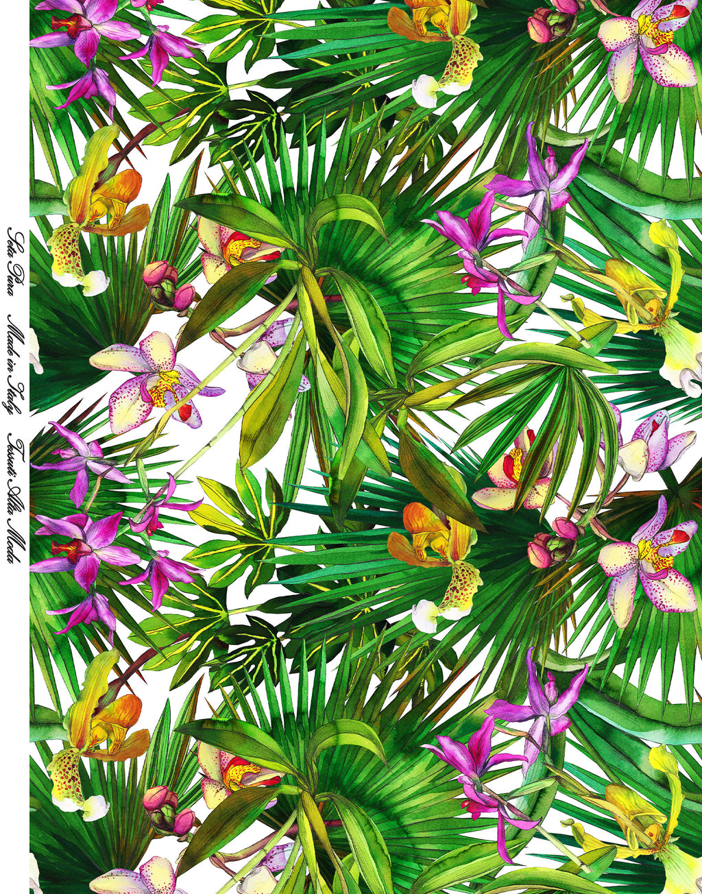 Italian Mulberry silk satin arranged in soft folds with vibrant orchids, exotic flowers and green tropical foliage