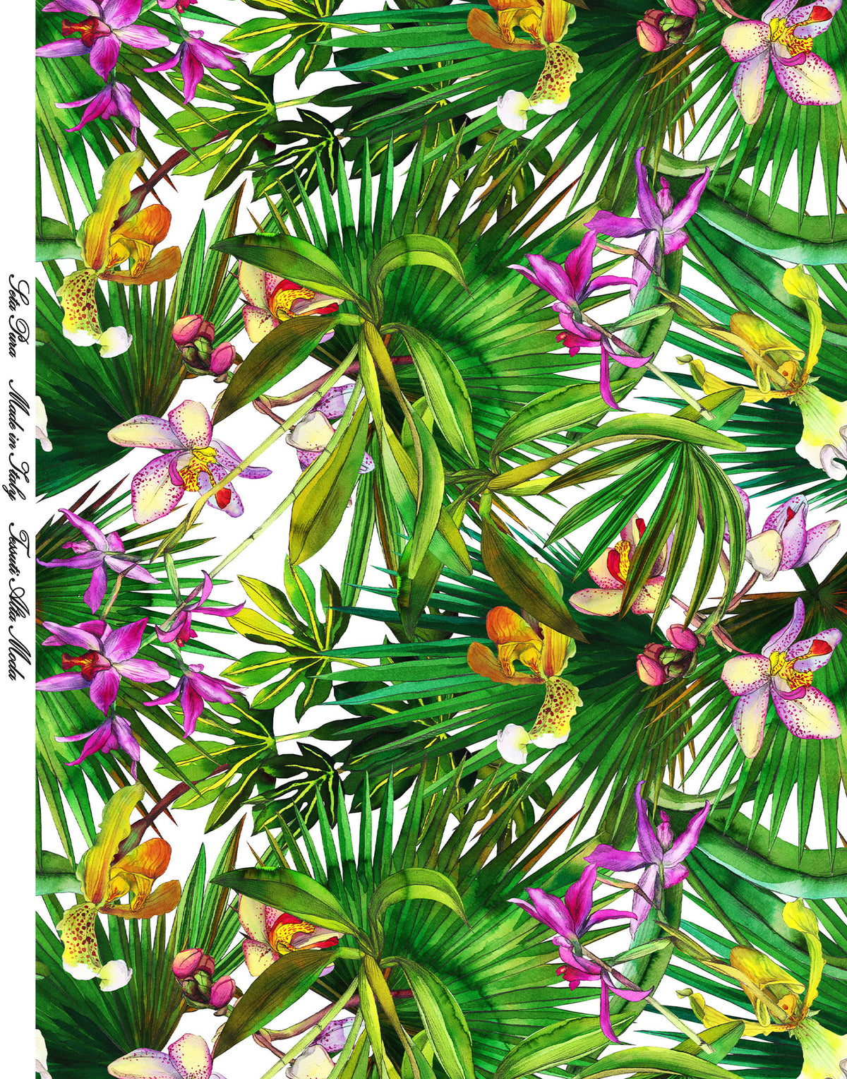 Italian Mulberry silk satin arranged in soft folds with vibrant orchids, exotic flowers and green tropical foliage
