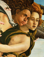Renaissance artwork reproduced on premium mulberry silk satin, highlighting the expressive figures from The Birth of Venus by Sandro Botticelli on luxurious Italian fabric.