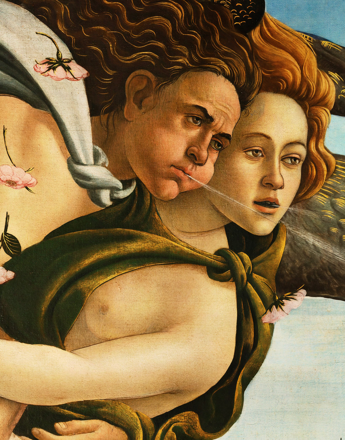 Renaissance artwork reproduced on premium mulberry silk satin, highlighting the expressive figures from The Birth of Venus by Sandro Botticelli on luxurious Italian fabric.