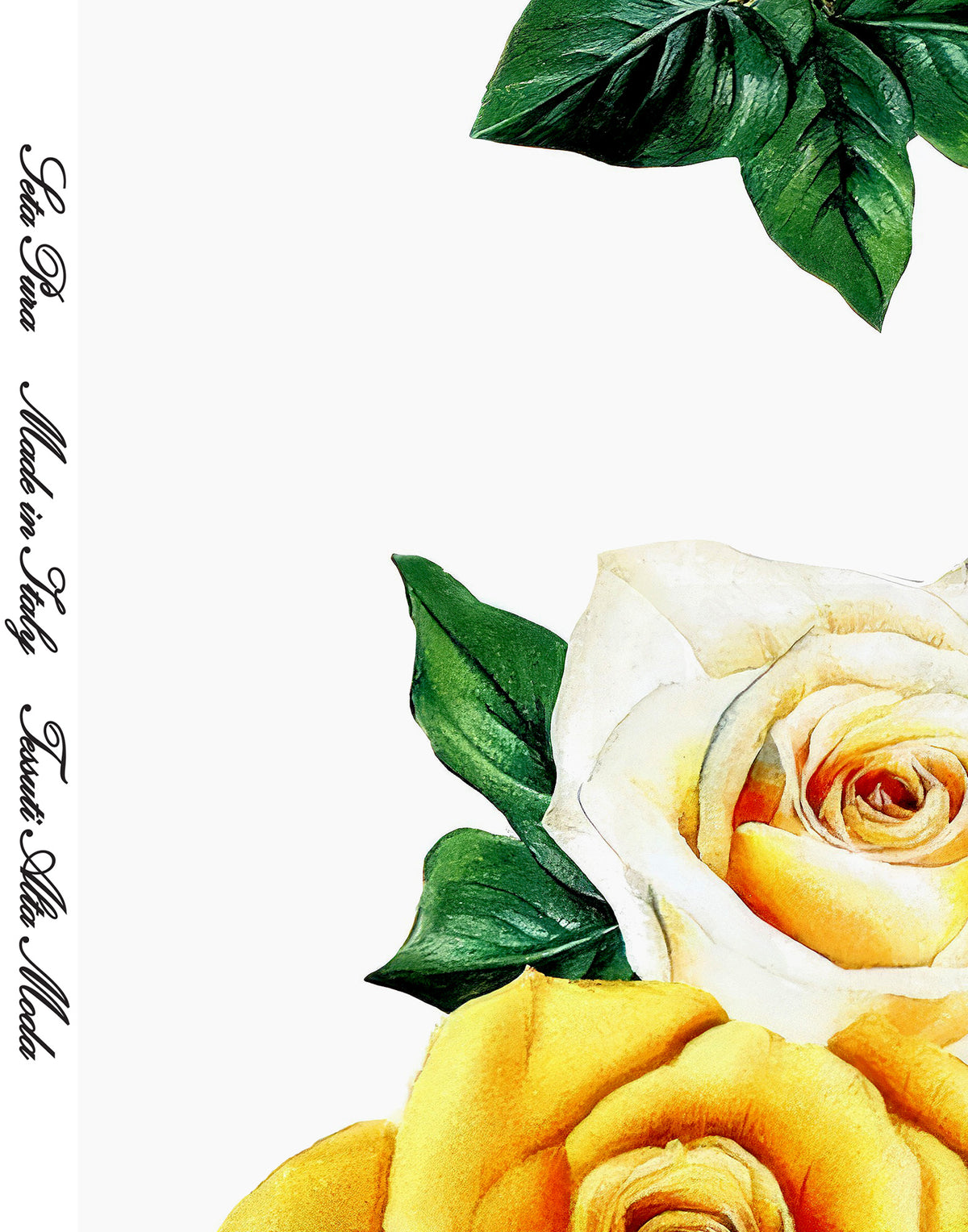 Yellow and cream roses with green leaves beside the Made in Italy branded edge of the printed silk satin.