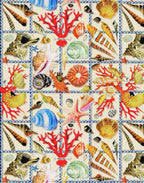 Lustrous Mulberry silk satin with a Mediterranean print of seashells, red coral and colourful marine motifs.