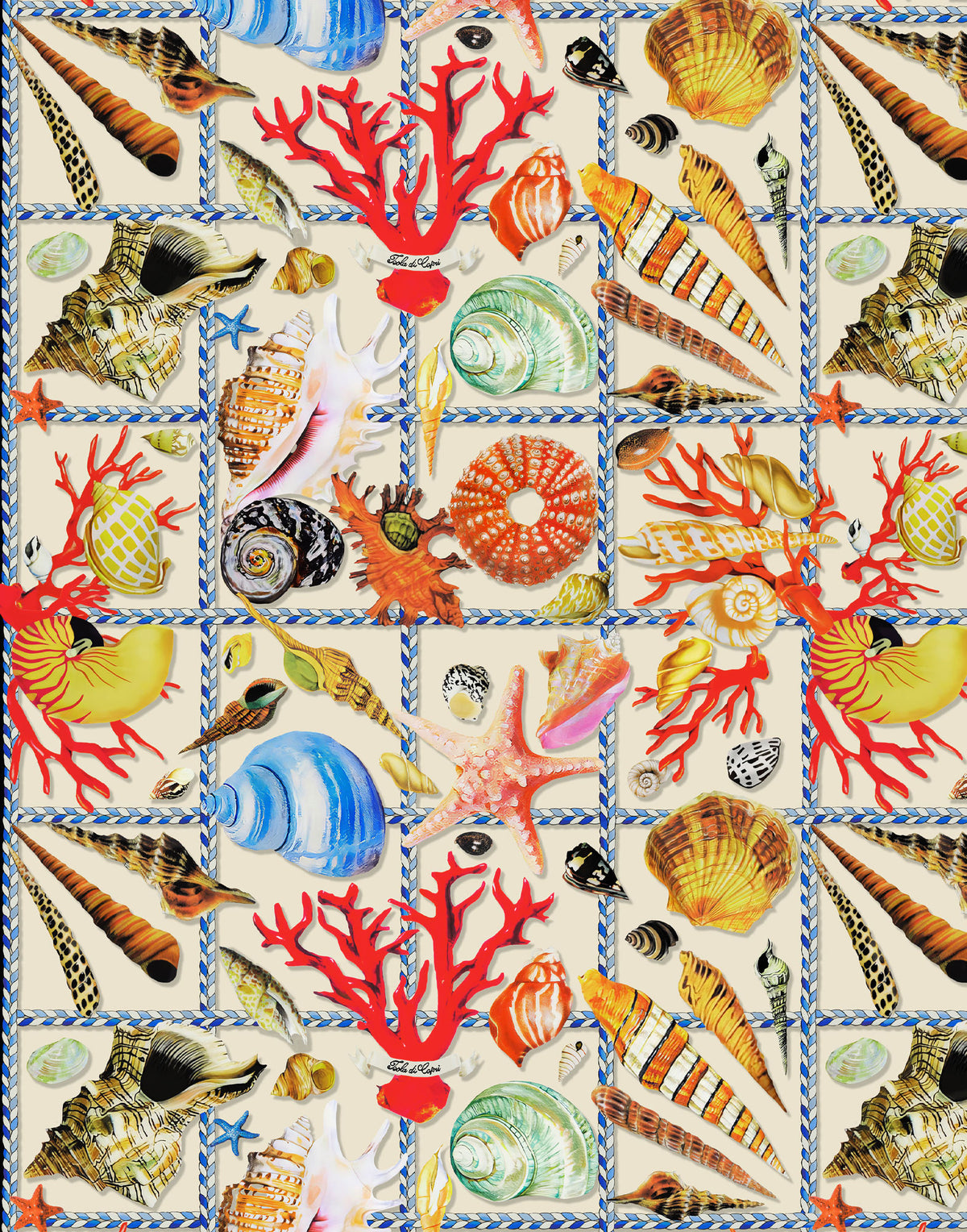 Lustrous Mulberry silk satin with a Mediterranean print of seashells, red coral and colourful marine motifs.