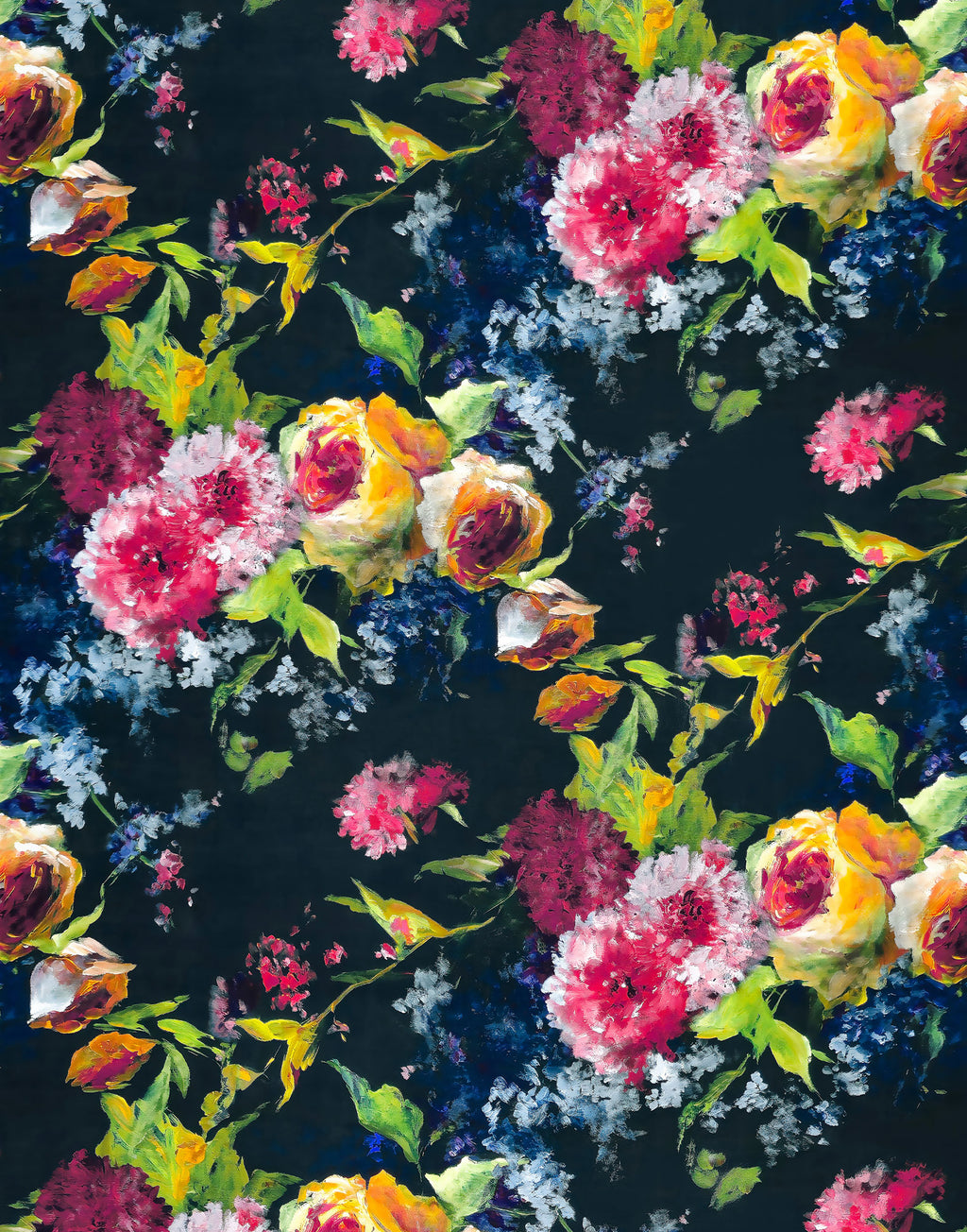 Artistic Italian silk print with expressive yellow, pink and blue flowers against a deep midnight blue background.