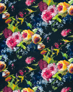 Artistic Italian silk print with expressive yellow, pink and blue flowers against a deep midnight blue background.