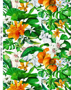 Printed Mulberry silk satin showing orange blooms, white orchids and large green tropical leaves on an ivory background.