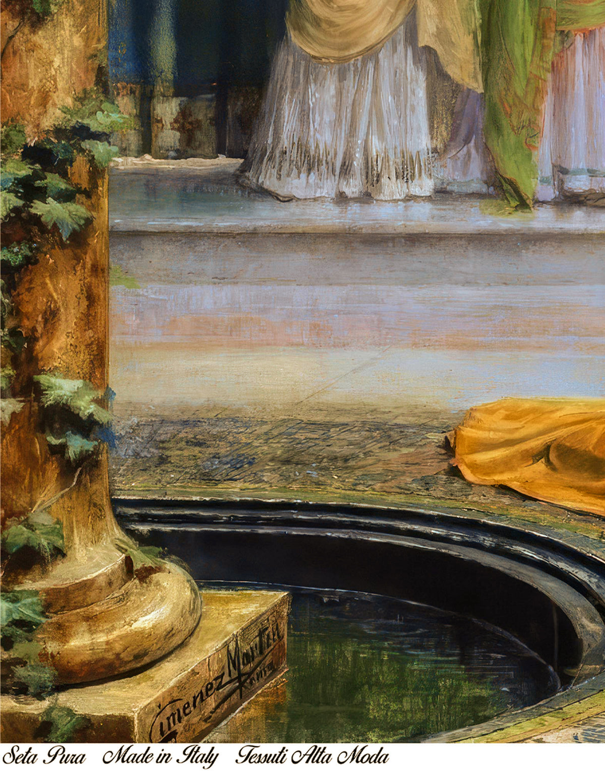 Museum-quality Italian mulberry silk satin fabric with fine art print inspired by The Toilet of a Roman Lady