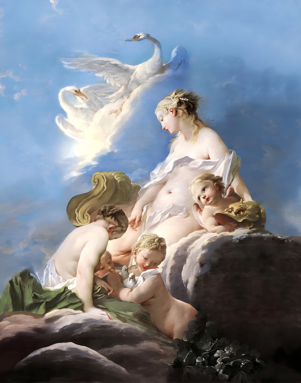 Italian mulberry silk satin art panel depicting Leda with cherubic figures and white swans against a blue sky