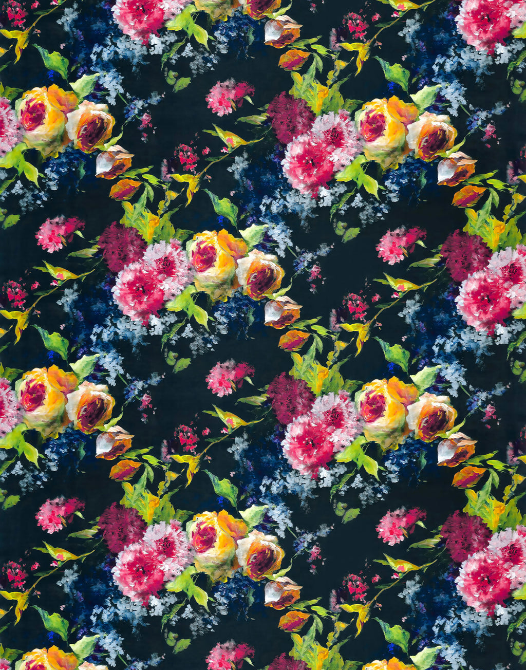 Italian printed silk satin with painterly pink, blue and yellow flowers on a midnight blue background.