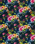 Italian printed silk satin with painterly pink, blue and yellow flowers on a midnight blue background.