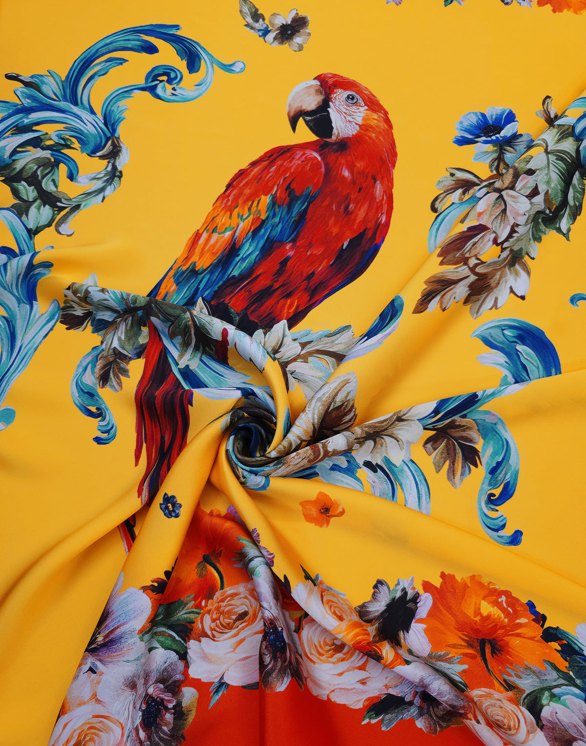 Luxury Italian Mulberry silk satin fabric with vibrant parrot and floral print on golden yellow background